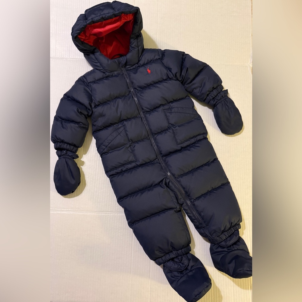Polo Ralph Lauren Hooded Navy w Red Water Repellant Down Snowsuit Bunting Set